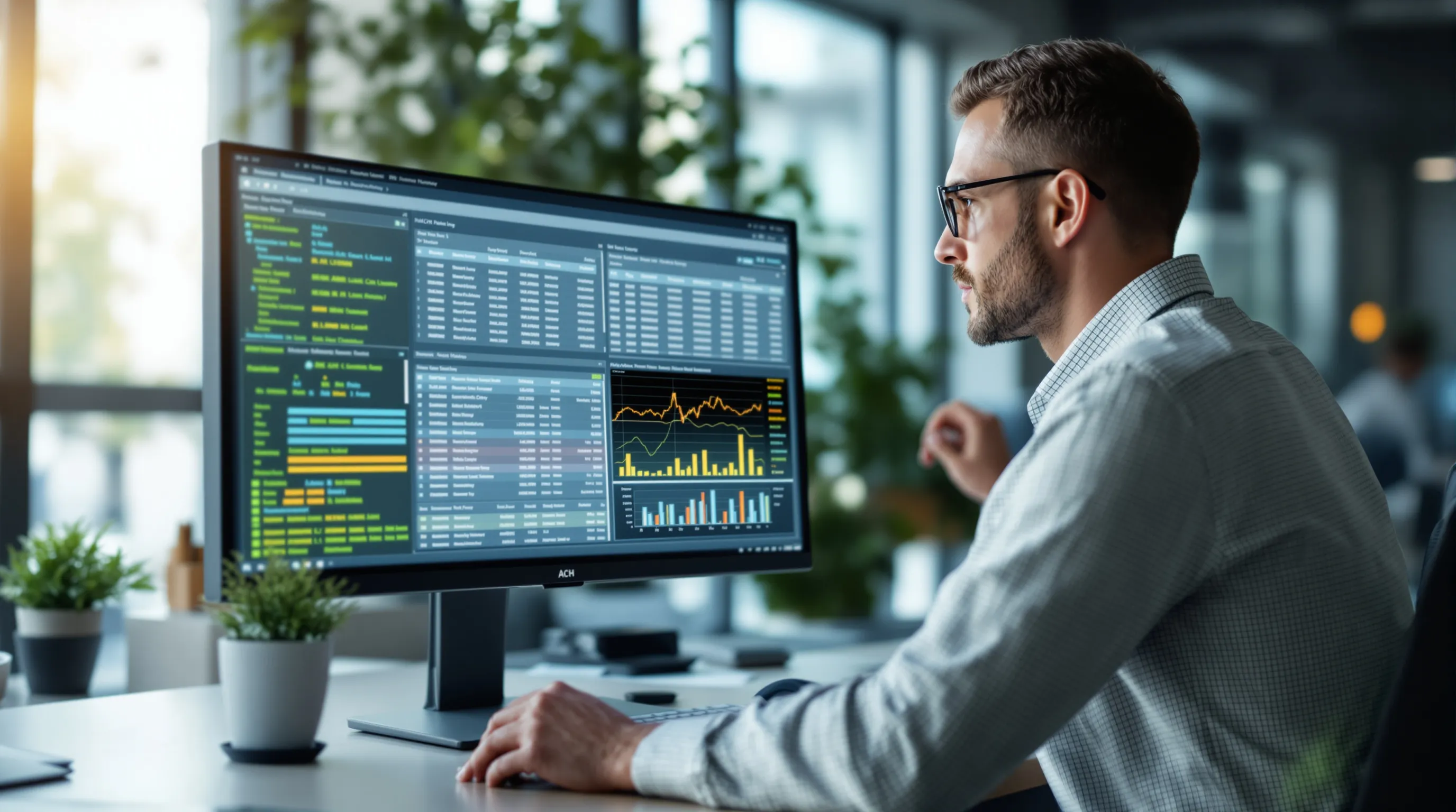 Business professional reviewing ACH settlement batch records and payment processing data on dual monitors in a fintech office