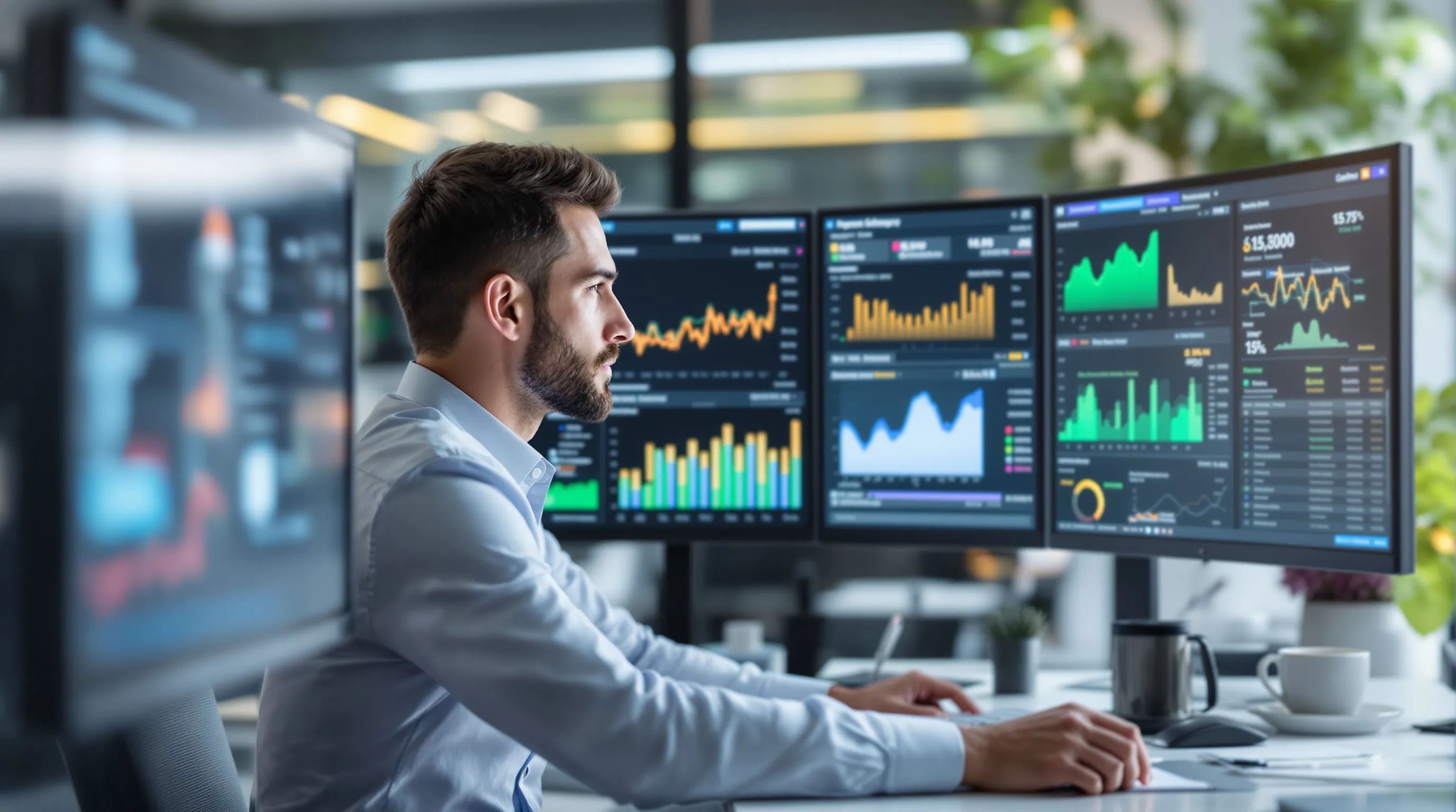 Online gaming operator reviewing payment gateway analytics and transaction data across multiple computer screens in a modern office