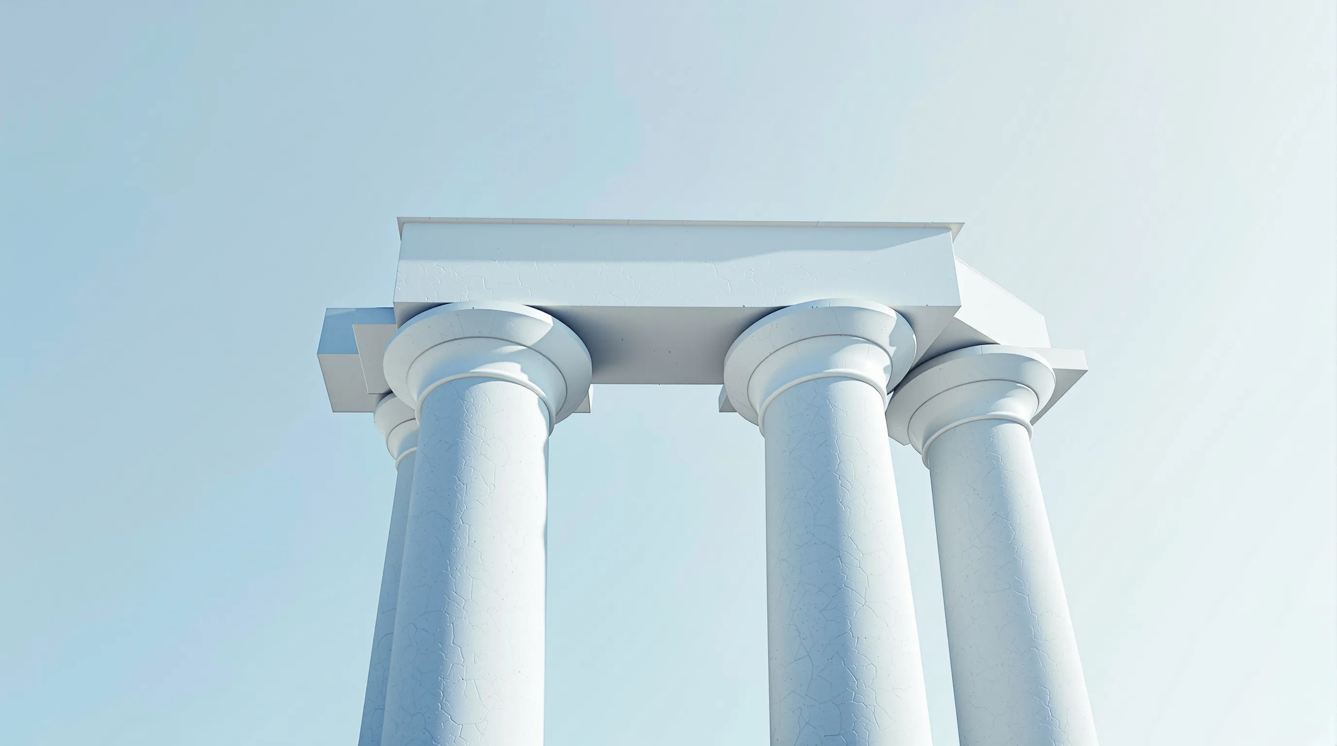 A clean business illustration showing three structural pillars supporting a stable arch. Blue, white, and gray corporate color palette. Modern flat design style. Abstract, professional