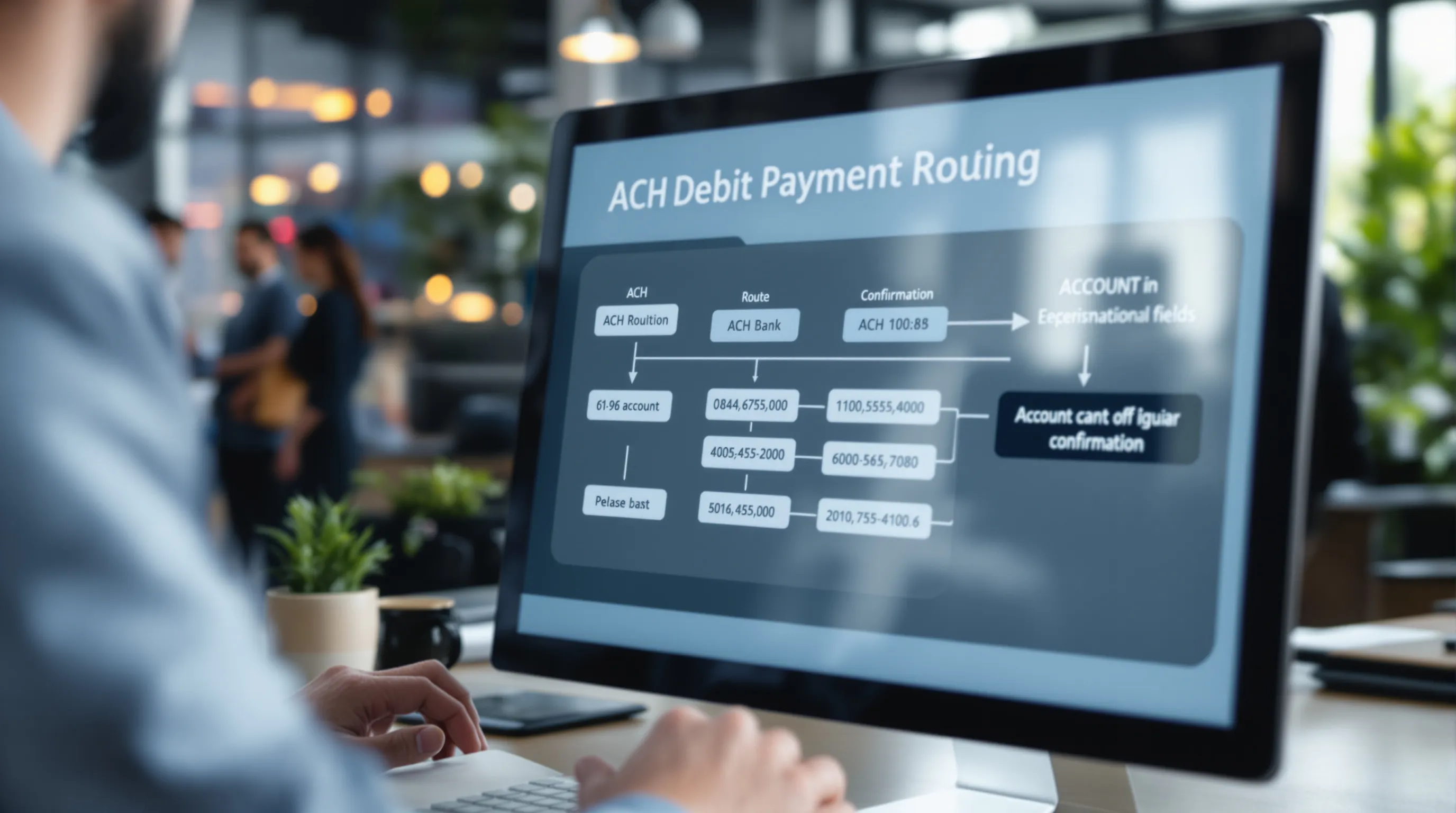 ACH bank debit payment flow showing routing number entry and pre-authorized debit confirmation on a checkout screen