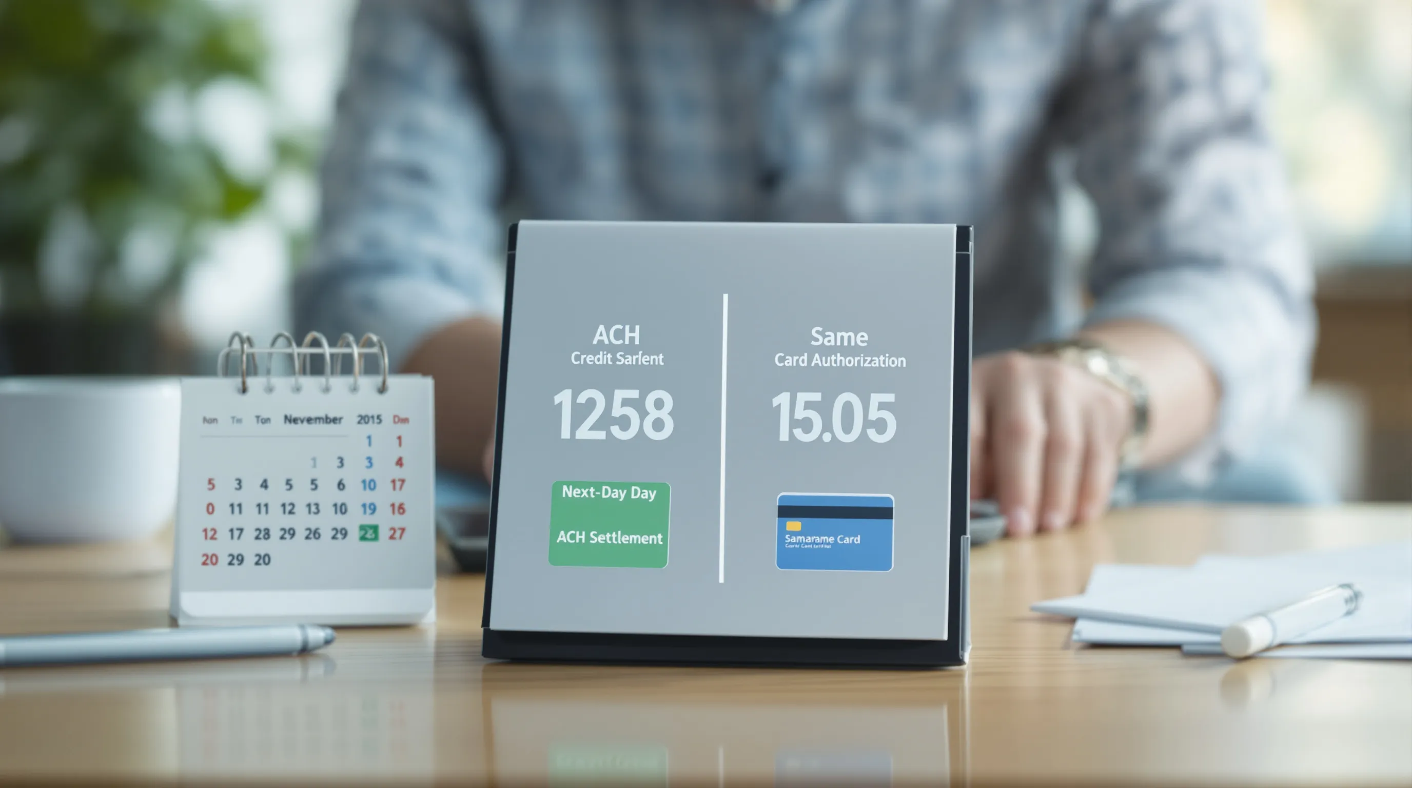 Comparison chart showing ACH settlement timing versus credit card authorization and funding timelines for business payments