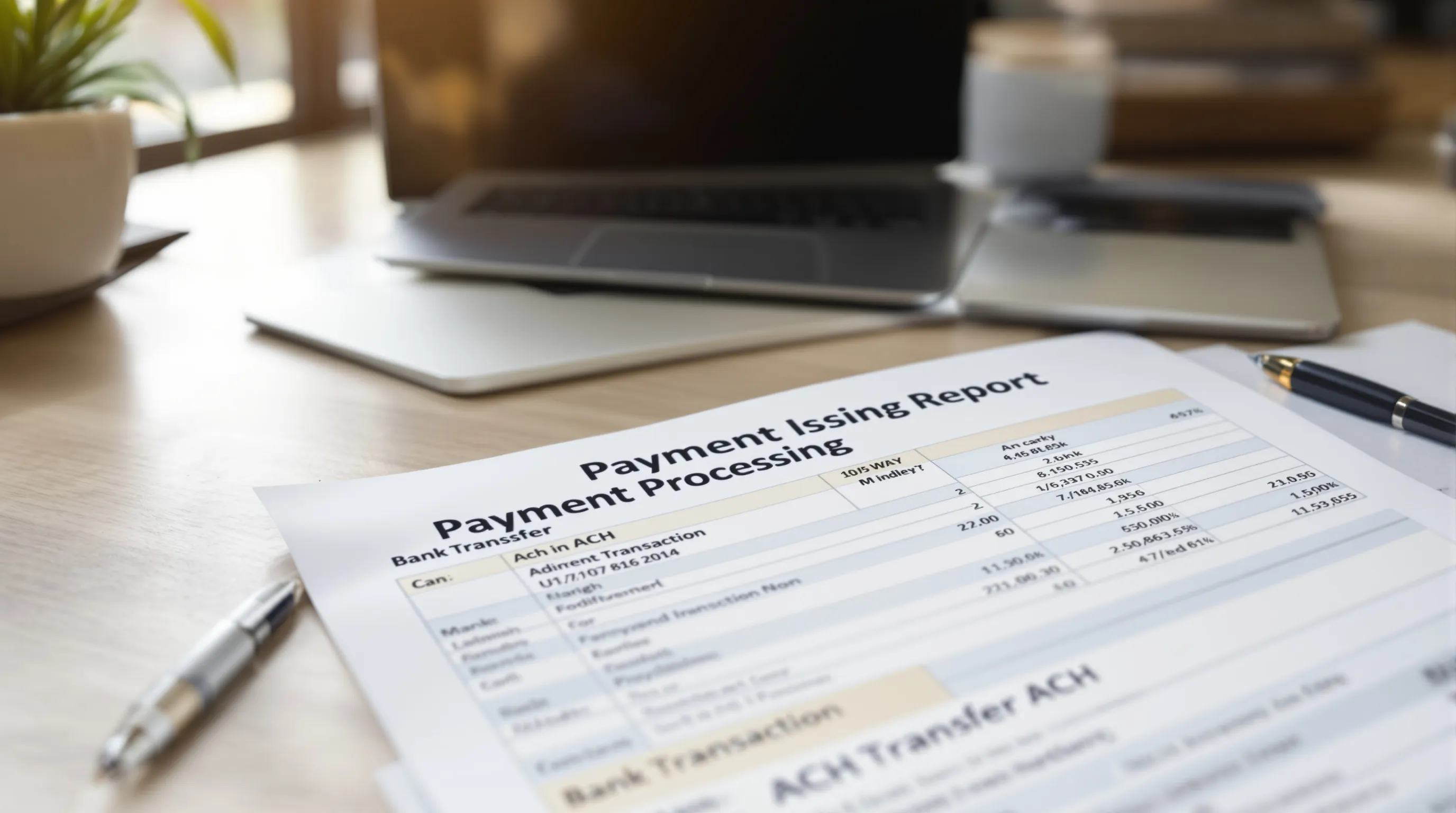 Business desk with laptop and payment processing report showing ACH bank transfer transaction data