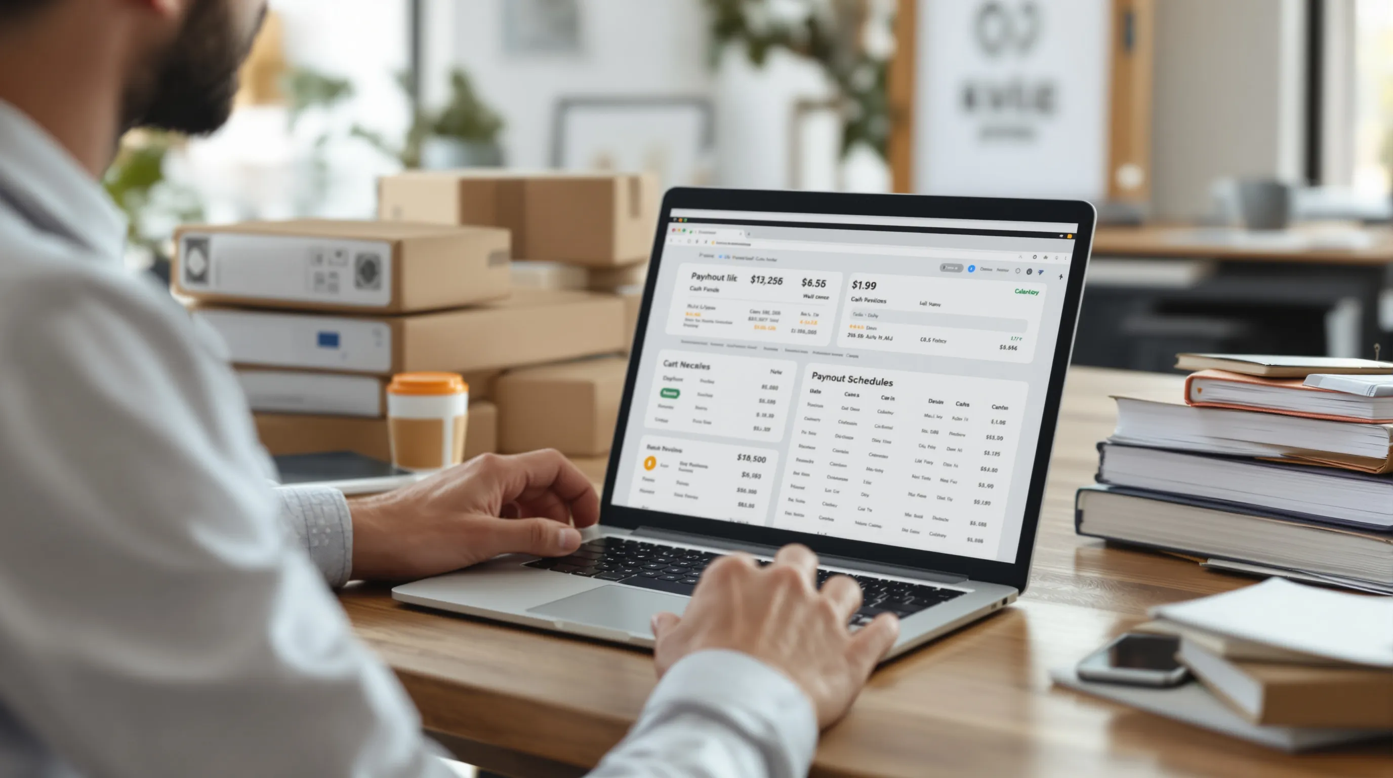 Business owner reviewing marketplace payout hold schedules on a laptop with shipping labels visible nearby